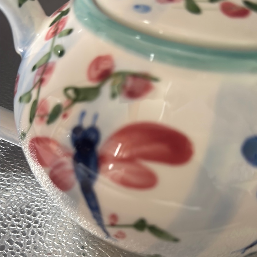 Vintage Hand Painted Floral Teapot with Dragonfly Design - Picture 6 of 8